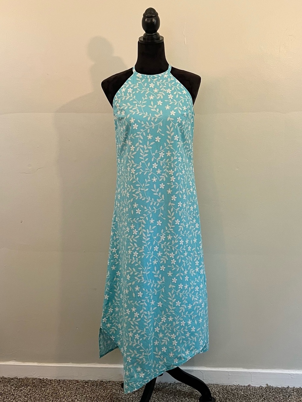 Y2K Blue floral halter asymmetrical midi dress 2000’s tropical resort vacation